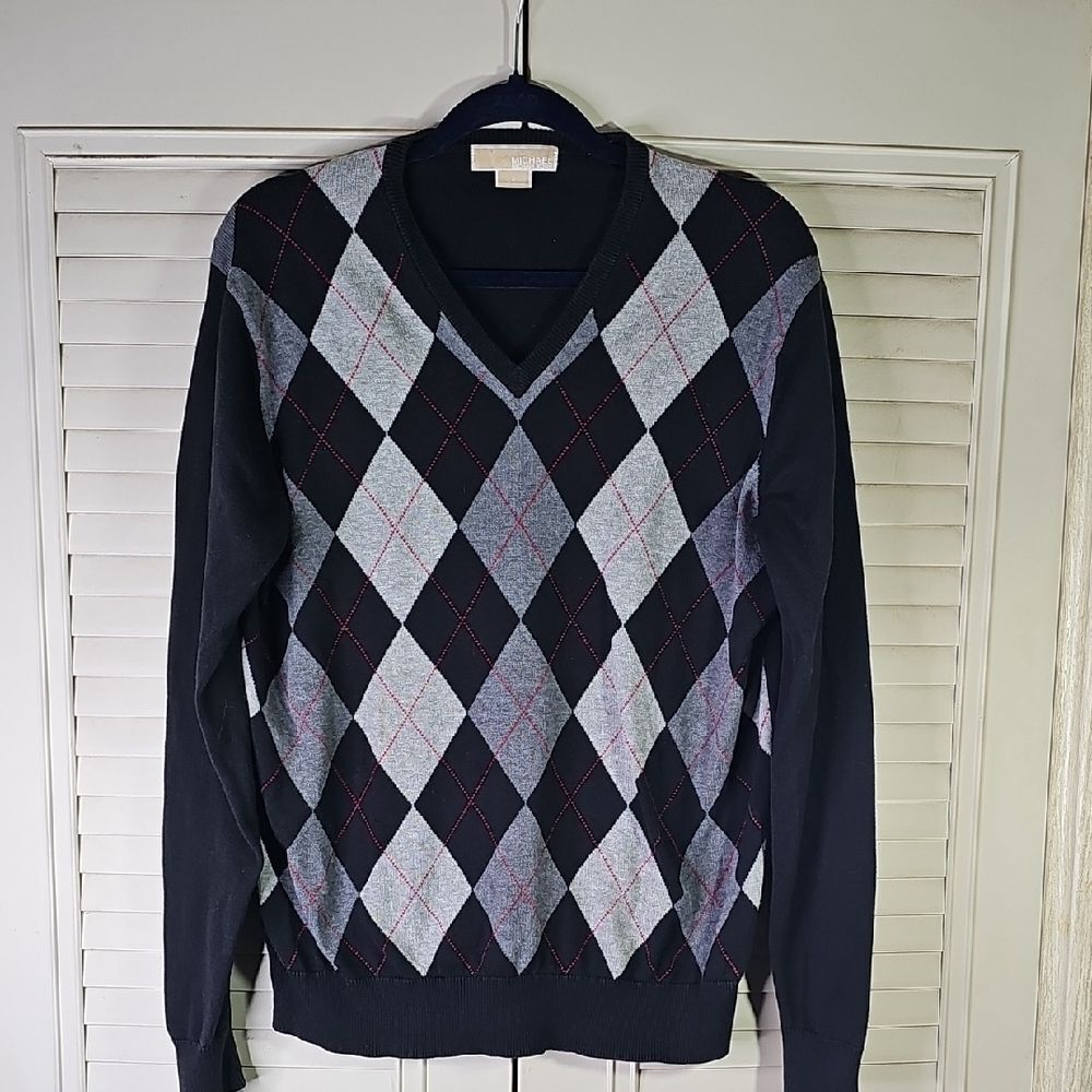 Men's Black and Gray Argyle Sweater By Michael Michael Kors Size Medium